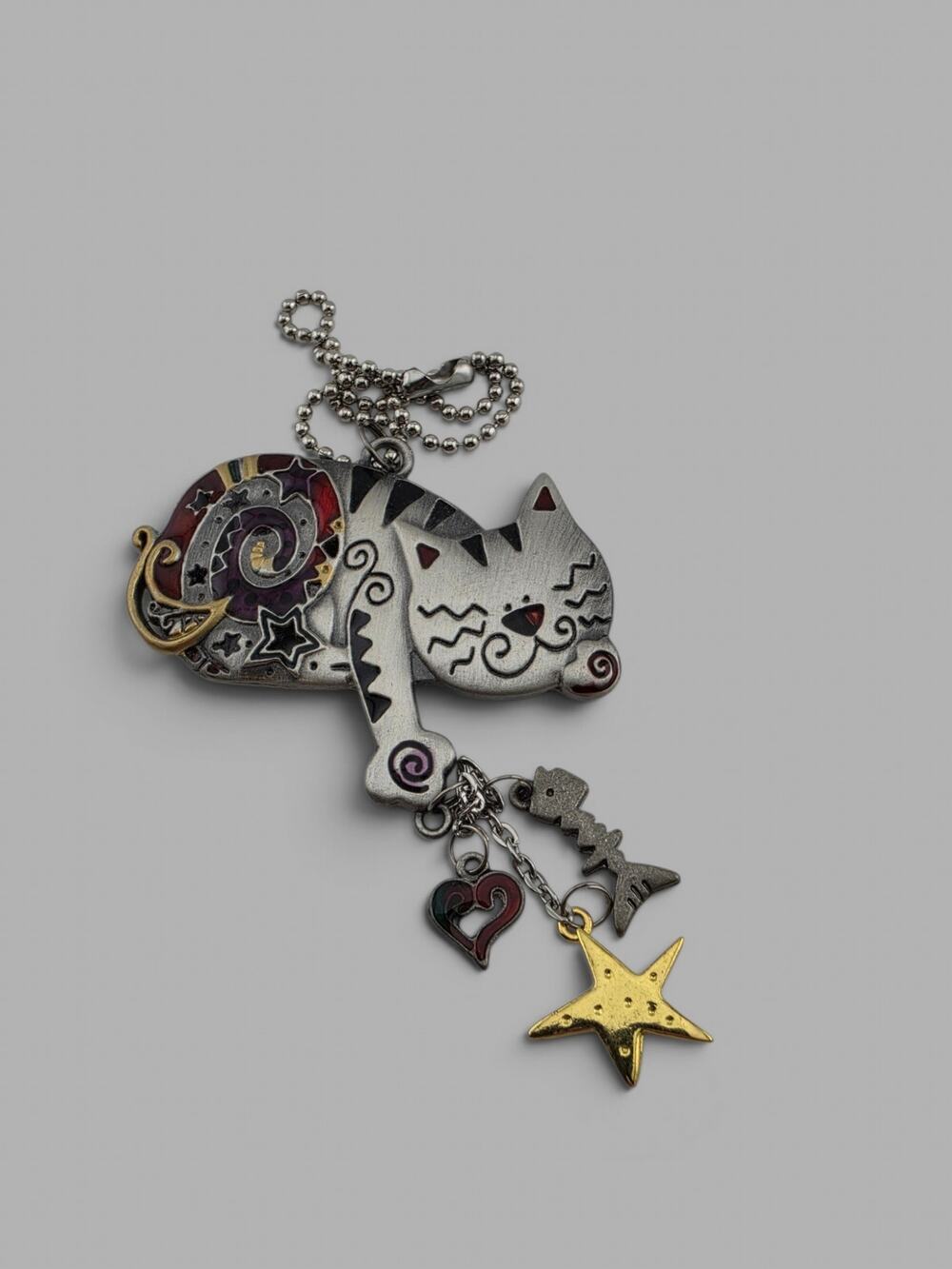 Vintage Cat Purse Bag Charm Keychain Pendant Dangling Fish Heart Star